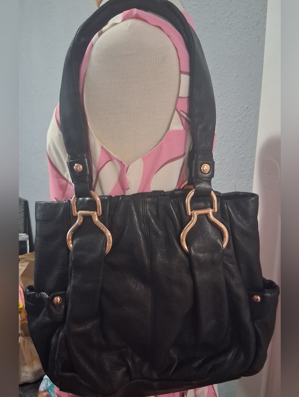 b. makowsky Black Leather Shoulder Bag with Gold Hardware